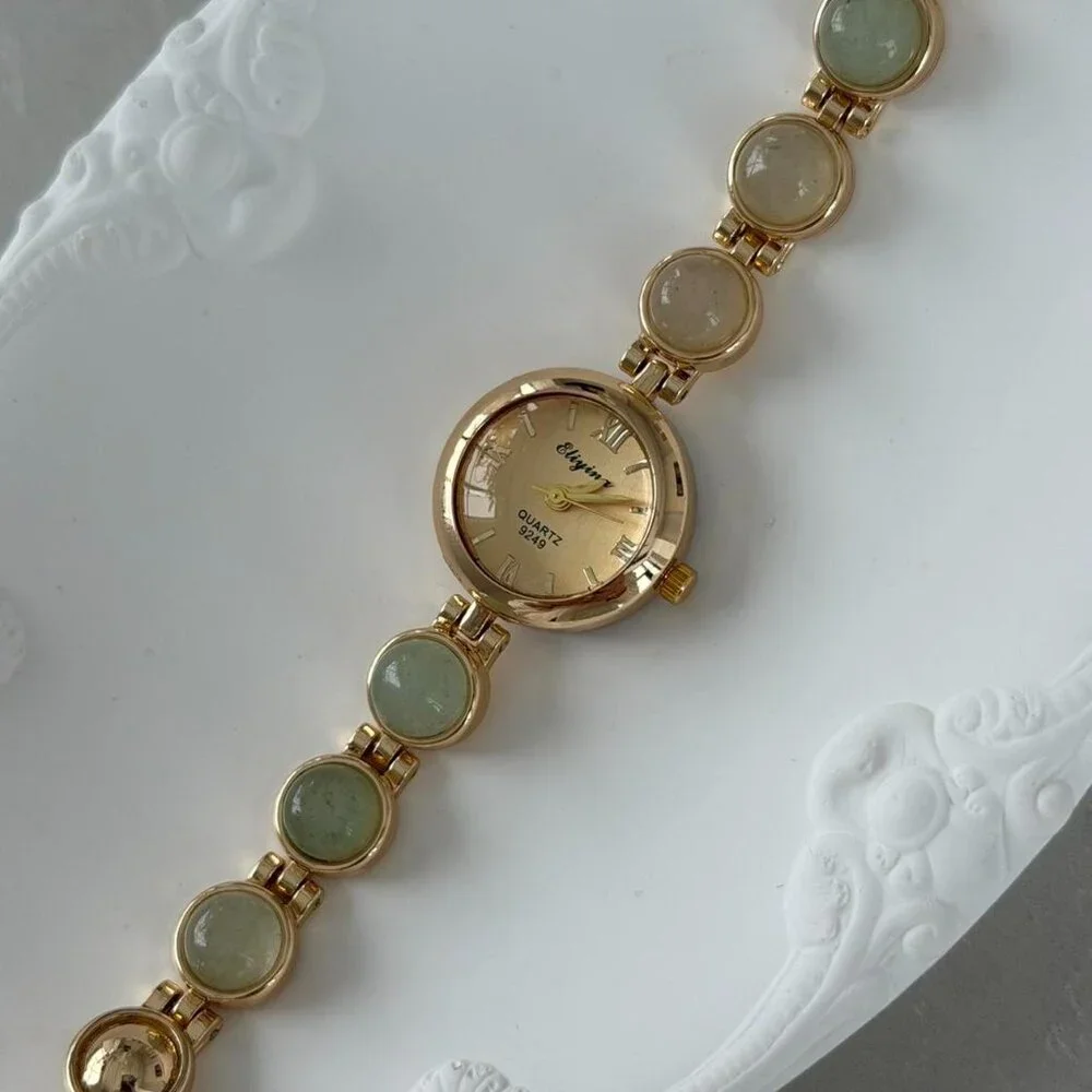 Sku0503 Gold Green Gemstones Women Casual Watch Bracelet Stainless steel